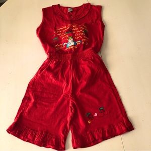 Girls Red Two piece Shorts, Top, Strawberry Cherry, Writing in Italian NWOT